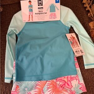 int Green and Pink Floral Kids Rashguard Set